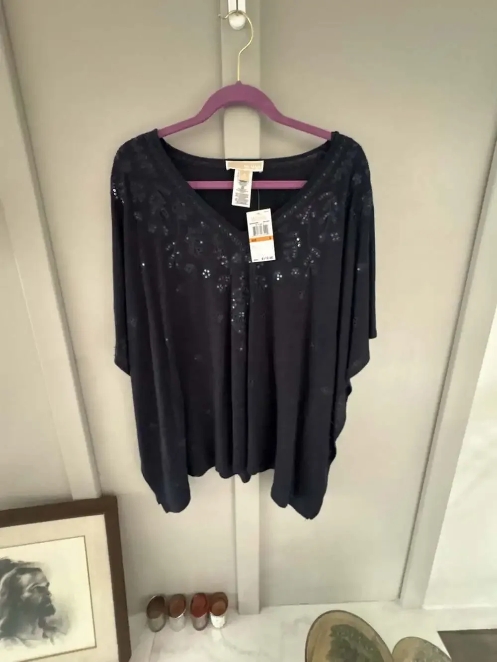 Michael Kors New Navy Embroidered Sequin V-Neck Linen Blend Caftan Top